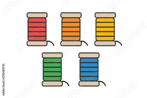 Five colorful thread spools in flat icon style
