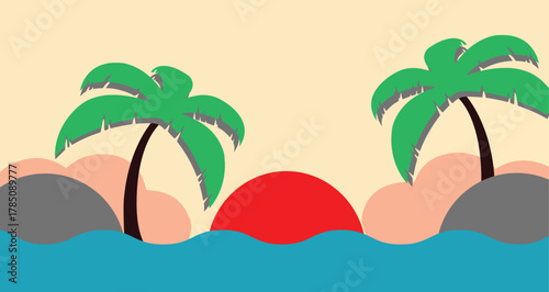Tropical island beach with palm trees and sunset vector illustration