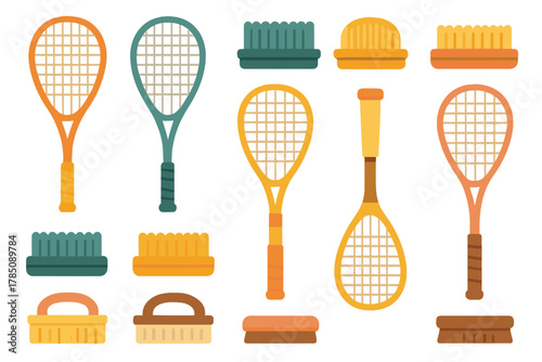 Vintage tennis rackets and various cleaning brushes collection