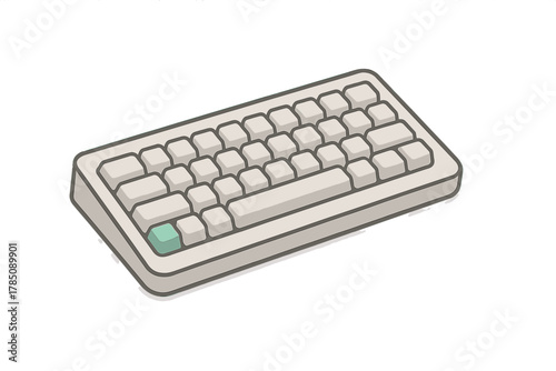 Compact mechanical keyboard in isometric view with single colored keycap