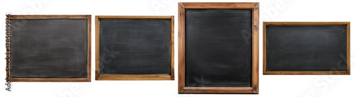 Set of vintage black chalkboards with wooden frames isolated on transparent background, concept of education, menu and retro design