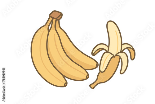 Ripe yellow bananas in a bunch with one fruit being peeled