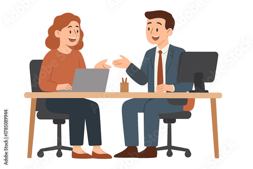 Man and woman collaborating at modern desk with computers