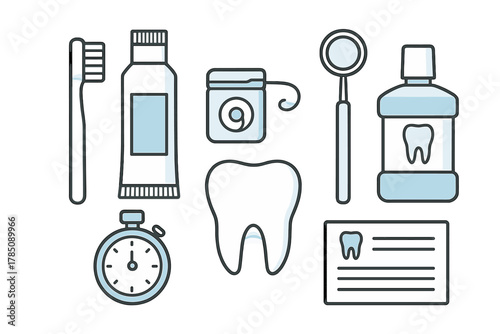 Set of essential dental hygiene and oral care icons for health routine
