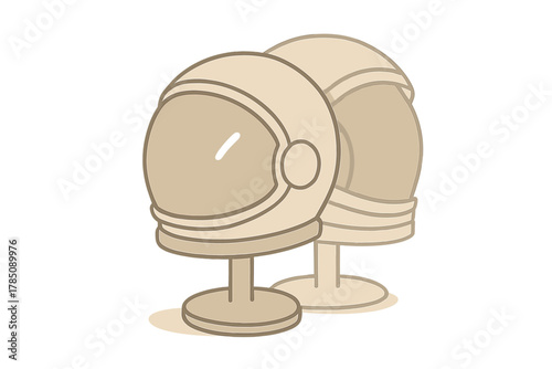Two astronaut helmets displayed on stands in muted monochrome tones