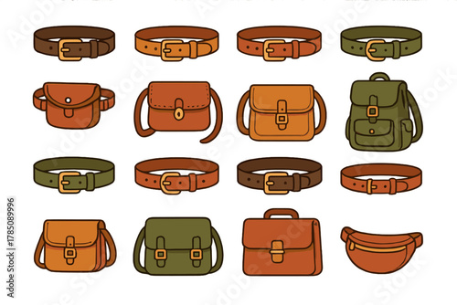 Assortment of leather goods including belts satchels and backpacks with metal hardware
