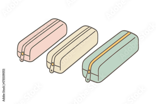 Three isometric pastel colored pencil cases with zippers