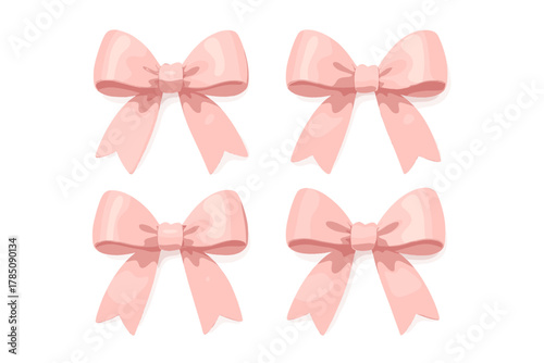 Set of four realistic pink satin gift wrapping bows isolated on white background