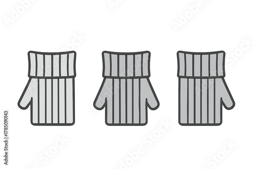 Three gray knitted winter mittens with thick ribbed cuffs