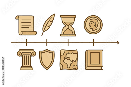 Ancient historical timeline icons featuring artifacts and cultural symbols