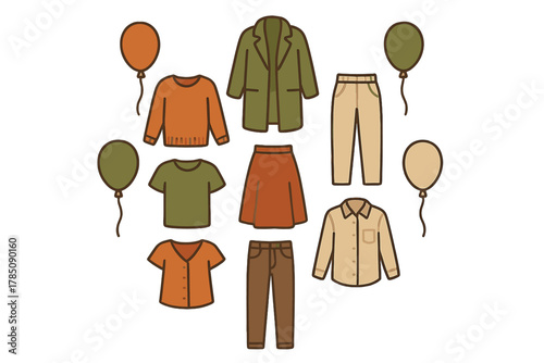 Seasonal wardrobe icons featuring autumn apparel and festive balloons