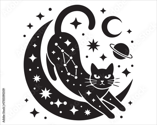 Mystical cat with moon and stars celestial vector illustration