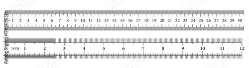 Vector ruler template with metric and imperial scale markings for measurement, geometry, education, or technical drawing concepts. Black and white illustration for precision and accuracy.