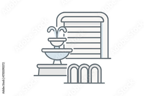 Outdoor water feature elements including tiered fountain and modern arches