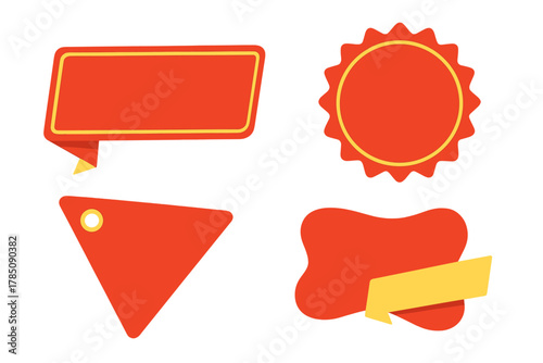 Four vibrant red and yellow promotional sale tags and banners