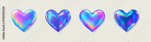 Soft iridescent mesh hearts on light grid paper background. Smooth liquid highlights, pastel glow, dreamy digital aesthetic for cute modern graphics and creative layouts.