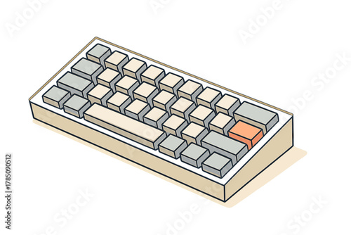 Compact mechanical keyboard in isometric view with beige and gray keys