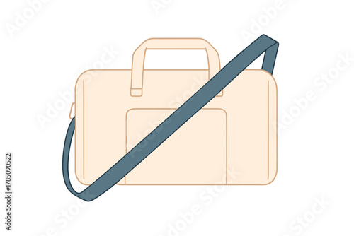 Beige laptop bag with blue shoulder strap isolated on white background