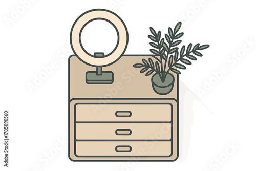 Minimalist vanity table with ring light and potted plant