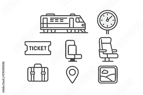 Collection of railway journey and transportation line icons for travel