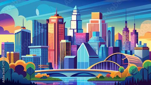 Very beautiful view of the Minneapolis downtown skyline in Minnesota, USA, featuring modern skyscrapers, clear bright light, and a realistic vibrant urban cityscape.