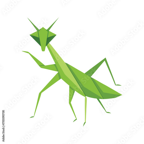 Green origami praying mantis on white paper insect