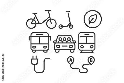 Set of green urban transportation mode icons for shared mobility