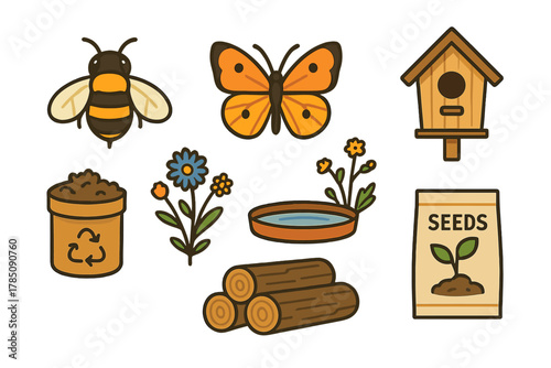 Charming garden and nature icons featuring bee, butterfly, birdhouse, and seeds