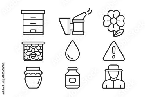Outline icons set for beekeeping and honey production process