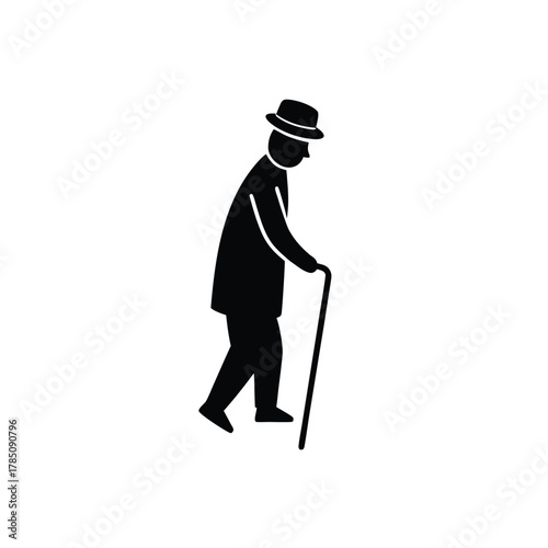 Senior Man Silhouette: Elderly Gentleman Walking with Cane for Ageing and Retirement Concepts Black Vector Illustration