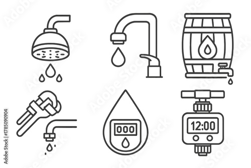 Plumbing and water utility icons featuring shower faucet barrel and meter