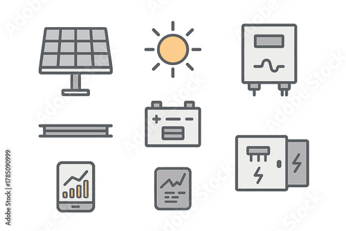 Solar energy system components icons for renewable power generation