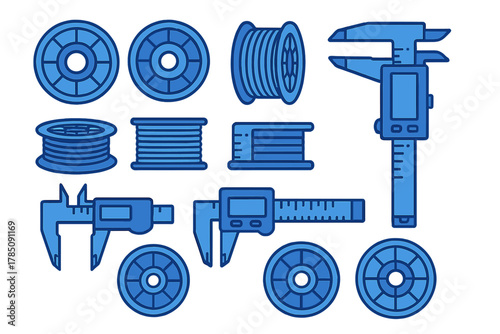 Set of digital calipers and 3D printer filament spools icons