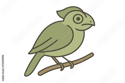 Stylized green bird with crest perched on a small branch
