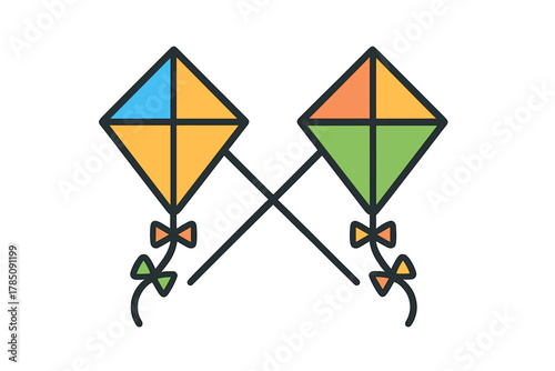 Two colorful diamond kites crossed with tails and decorative bows