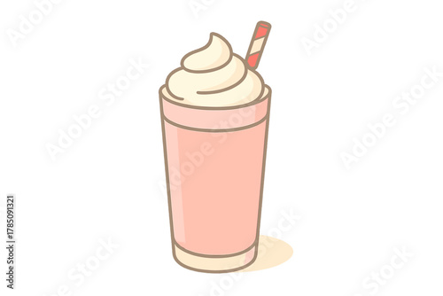Tall glass of pink milkshake topped with whipped cream and striped straw