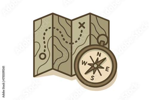 Folded topographic map with antique navigation compass showing cardinal directions