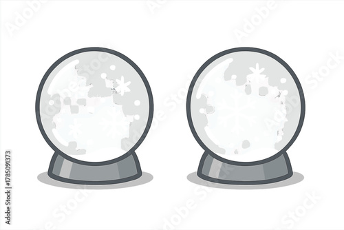 Two blank snow globes with falling snowflakes and star decoration