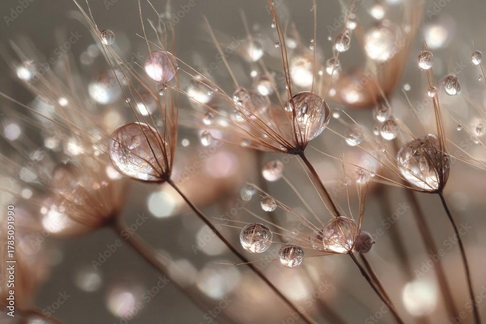 Obraz premium Macro Photography Water Droplets on Dandelion Seed Heads