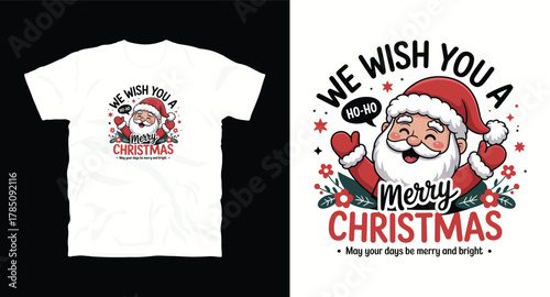 We wish you merry greeting card with santa claus vector illustration for sublimation printing t shirt template design exactly two hundred characters including spaces
