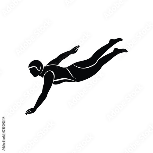 Diving Silhouette: Underwater Swimming, Freediving, Aquatic Sport, Skill, Active Recreation Illustration on Isolated Background