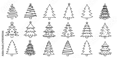 
Doodle christmas tree. Xmas fir simple black silhouette, winter holiday pine, New Year outline decoration for greeting card. Abstract doodle drawing woods. Vector isolated se