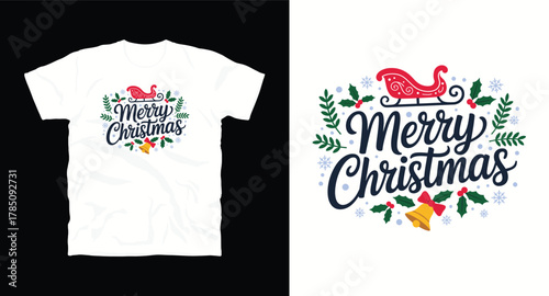 Festive merry holiday t shirt design featuring sleigh bells snowflakes leaves holly berries and scripted typography perfect for apparel and seasonal greetings with joyful theme