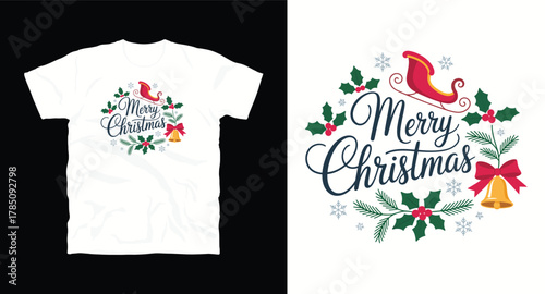 Festive merry holiday t shirt graphic adorned with sleigh bells snowflakes leaves holly berries and elegant typography ideal for apparel and spirited greetings showcasing seasonal cheer