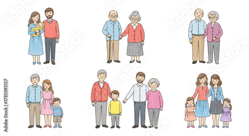 Grandparents and Parents with Children – Family Love and Connection Illustration