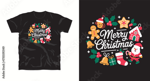 Greeting season design featuring gingerbread character festive ornament and handwritten text saying merry season creating joyful atmosphere for apparel vector illustration