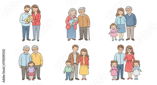 Three Generation Family – Cute Hand-Drawn Family Portrait Illustration