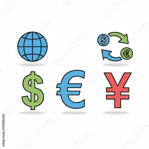 Vibrant vector illustration set showcasing universal currency symbols and financial transaction concepts for global business, digital payments, and international economic designs