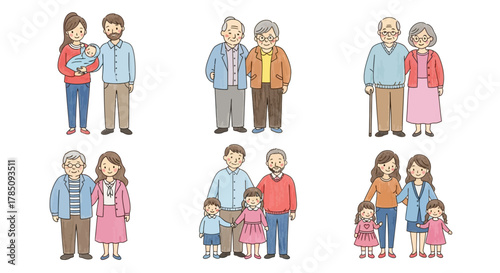 Multi-Generation Family Illustration – Grandparents, Parents, and Children Together