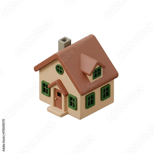 Charming House Illustration A Cozy Home with Green Accents and Brown Roof